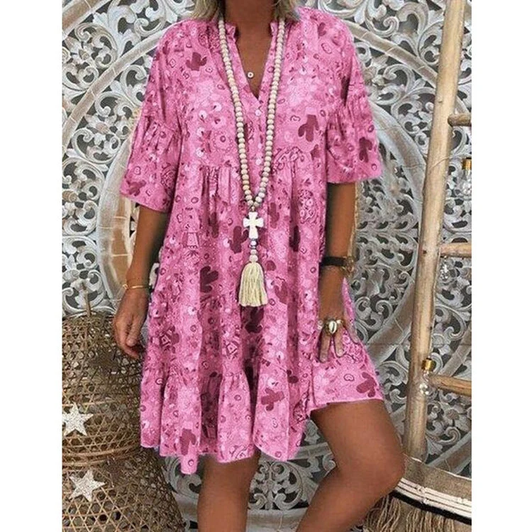 Damen A-Linien-Tunika-Minikleid mit V-Ausschnitt, stufigem Volant und Boho-Bandana-Print