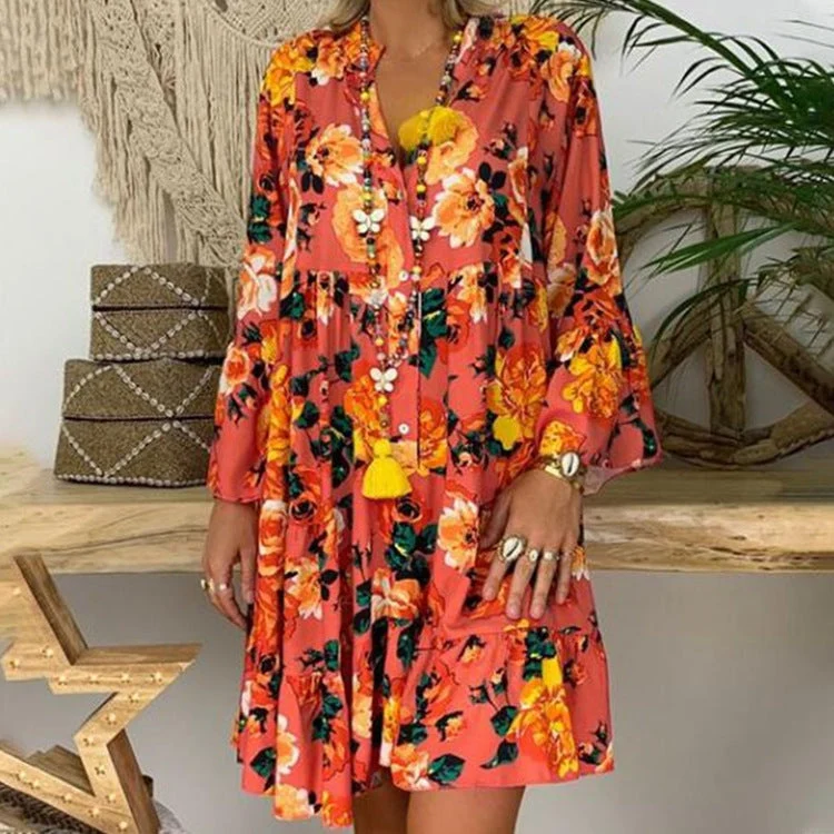 Damen A-Linien-Tunika-Minikleid mit V-Ausschnitt, stufigem Volant und Boho-Bandana-Print
