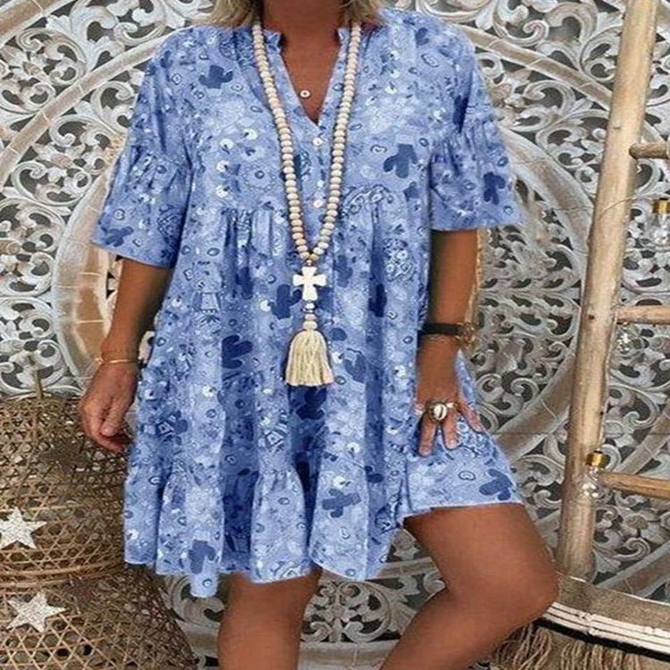 Damen A-Linien-Tunika-Minikleid mit V-Ausschnitt, stufigem Volant und Boho-Bandana-Print