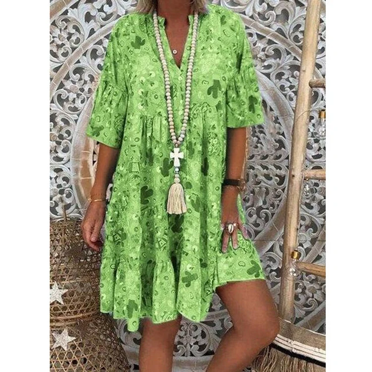Damen A-Linien-Tunika-Minikleid mit V-Ausschnitt, stufigem Volant und Boho-Bandana-Print