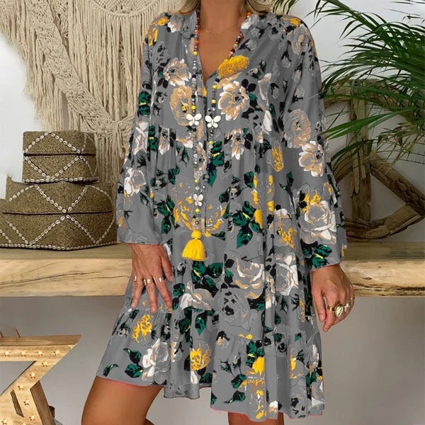 Damen A-Linien-Tunika-Minikleid mit V-Ausschnitt, stufigem Volant und Boho-Bandana-Print