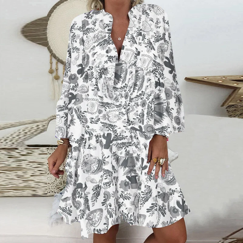 Damen A-Linien-Tunika-Minikleid mit V-Ausschnitt, stufigem Volant und Boho-Bandana-Print