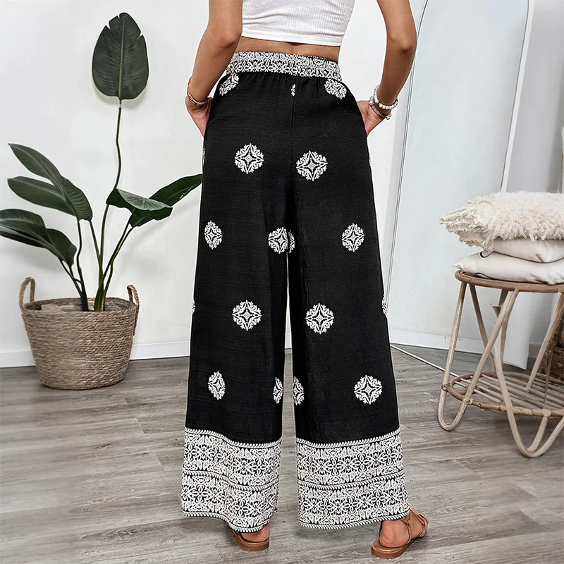 Damen Boho-Print Palazzohose mit weitem Bein, elastischem Tunnelzugbund und seitlichen Taschen Nord Taschen