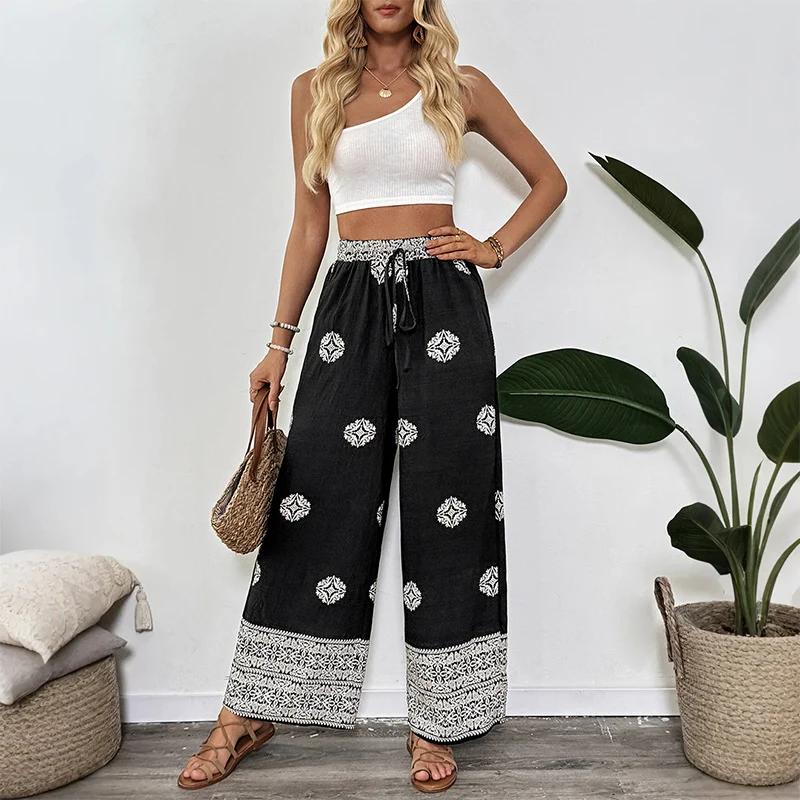 Damen Boho-Print Palazzohose mit weitem Bein, elastischem Tunnelzugbund und seitlichen Taschen Nord Taschen