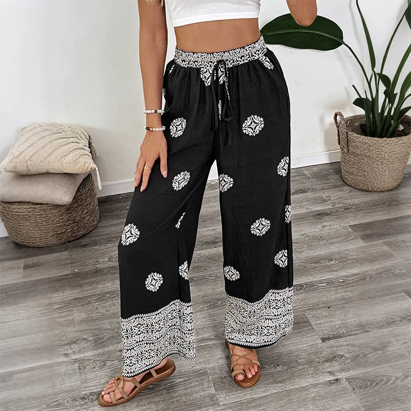 Damen Boho-Print Palazzohose mit weitem Bein, elastischem Tunnelzugbund und seitlichen Taschen Nord Taschen