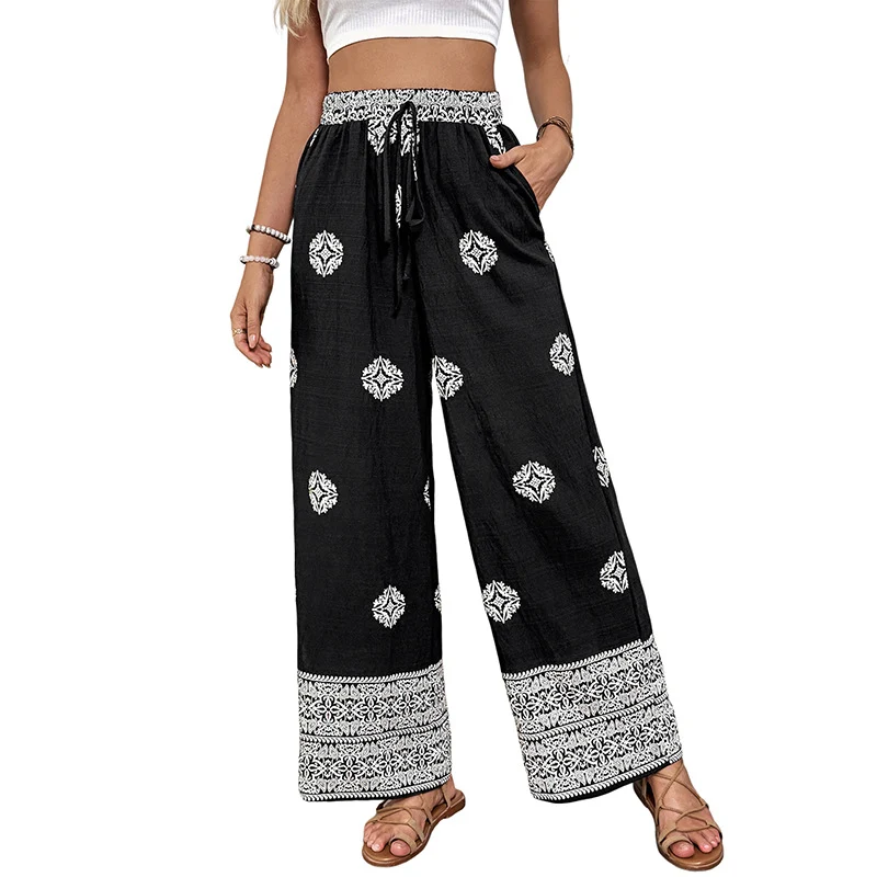 Damen Boho-Print Palazzohose mit weitem Bein, elastischem Tunnelzugbund und seitlichen Taschen Nord Taschen