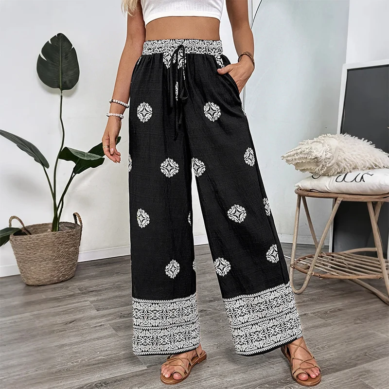 Damen Boho-Print Palazzohose mit weitem Bein, elastischem Tunnelzugbund und seitlichen Taschen Nord Taschen