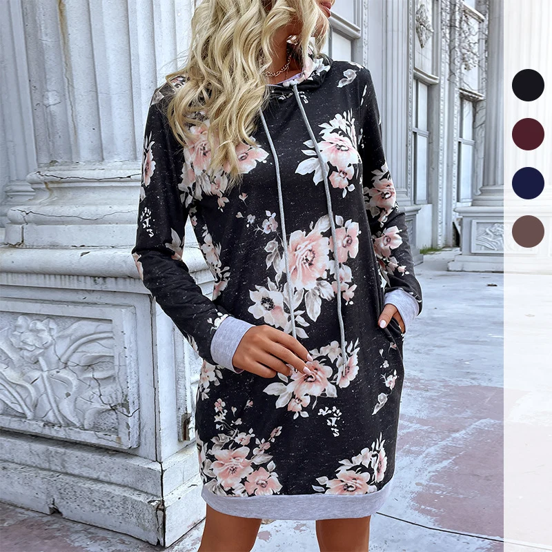 Damen Blumen-Kapuzenkleid mit Tunnelzug, Eingrifftaschen und kontrastierenden Rippbündchen Nord Taschen