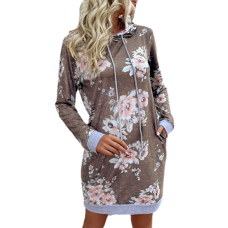 Damen Blumen-Kapuzenkleid mit Tunnelzug, Eingrifftaschen und kontrastierenden Rippbündchen Nord Taschen