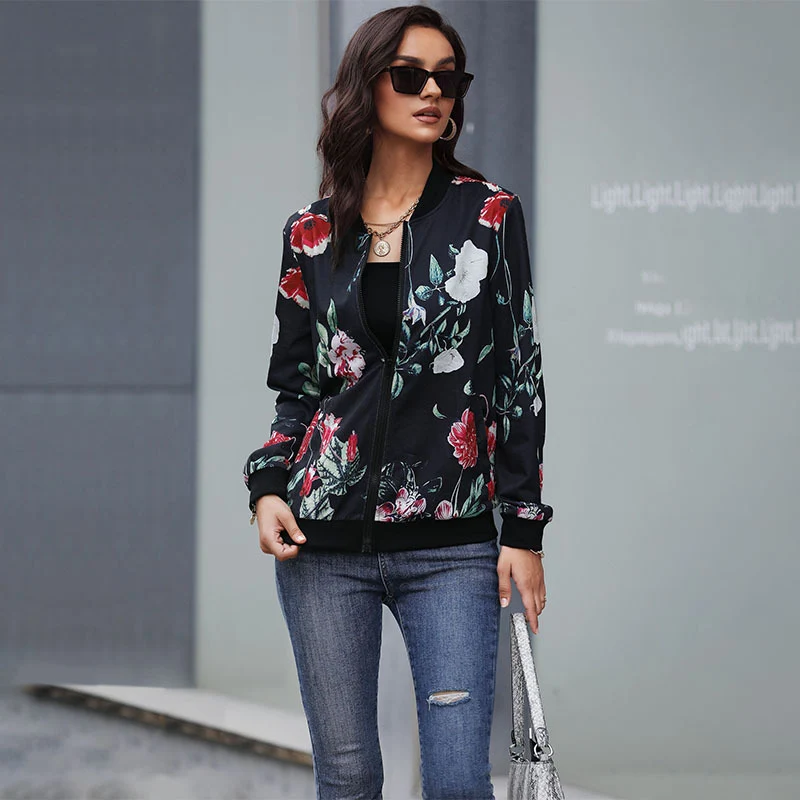 Damen Blumen-Bomberjacke mit Reißverschluss, Rippbündchen und Eingrifftaschen Nord Taschen