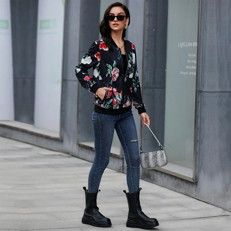 Damen Blumen-Bomberjacke mit Reißverschluss, Rippbündchen und Eingrifftaschen Nord Taschen