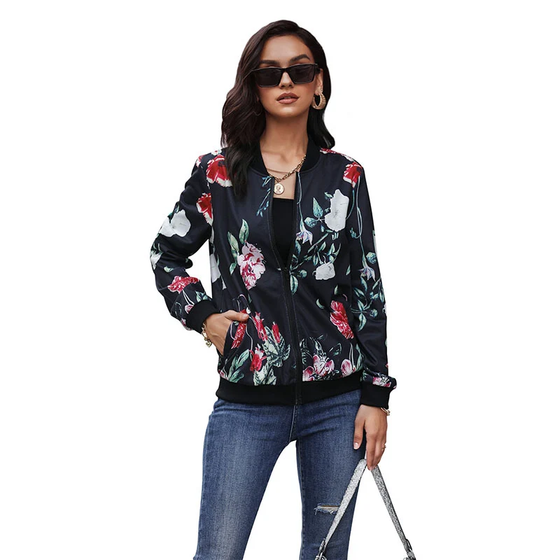 Damen Blumen-Bomberjacke mit Reißverschluss, Rippbündchen und Eingrifftaschen Nord Taschen