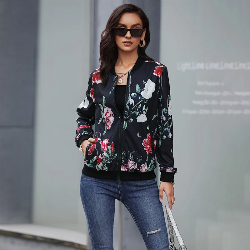 Damen Blumen-Bomberjacke mit Reißverschluss, Rippbündchen und Eingrifftaschen Nord Taschen
