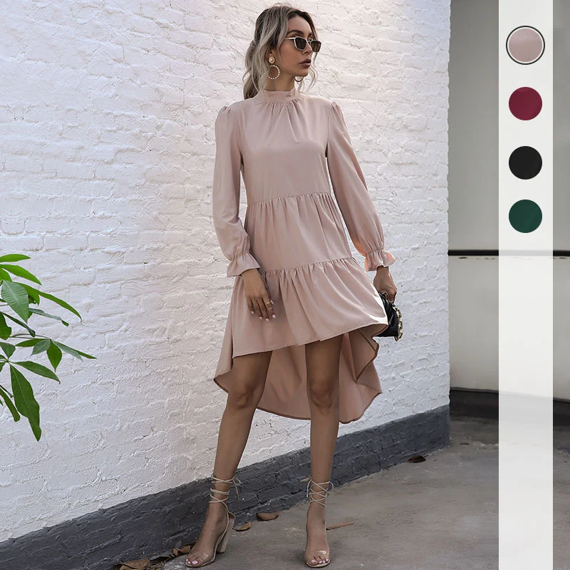 Damen Asymmetrisches Stufenkleid mit Stehkragen und geraffter Taille Nord Taschen