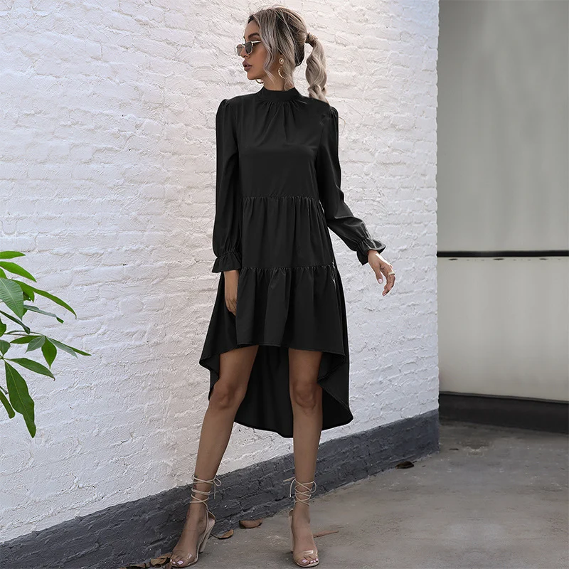 Damen Asymmetrisches Stufenkleid mit Stehkragen und geraffter Taille Nord Taschen