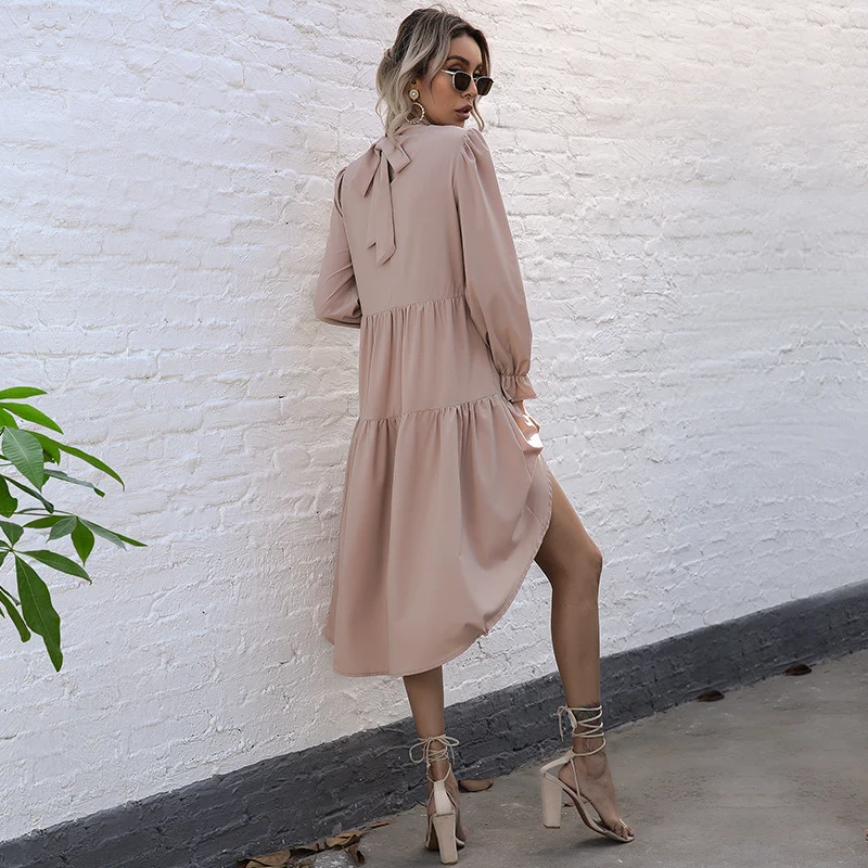 Damen Asymmetrisches Stufenkleid mit Stehkragen und geraffter Taille Nord Taschen