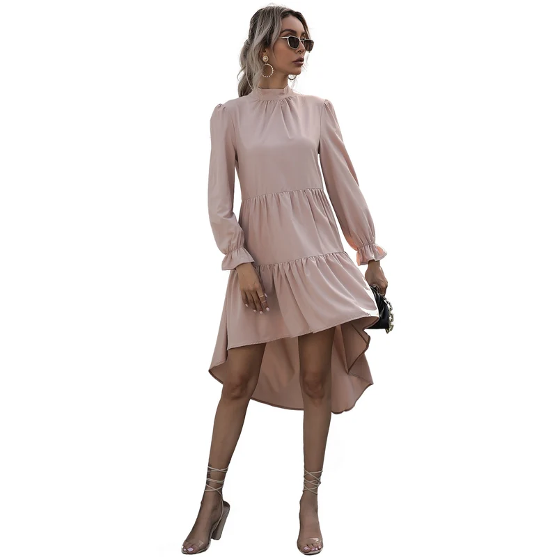 Damen Asymmetrisches Stufenkleid mit Stehkragen und geraffter Taille Nord Taschen