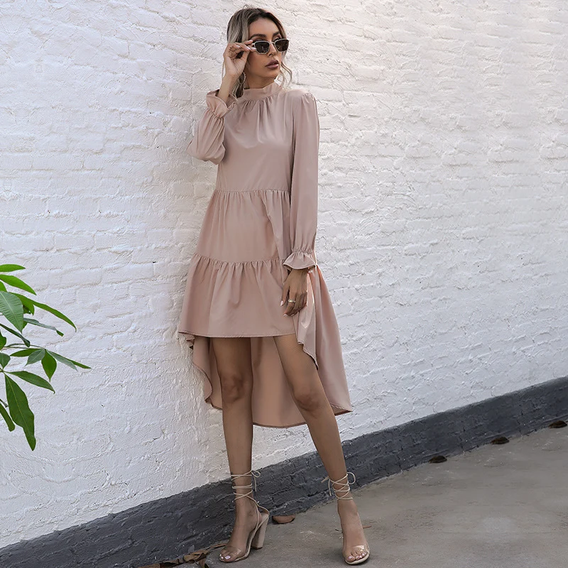 Damen Asymmetrisches Stufenkleid mit Stehkragen und geraffter Taille Nord Taschen
