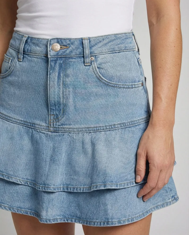 Damen Verspielte Doppelte Volantlage Denim Jeans-Minirock