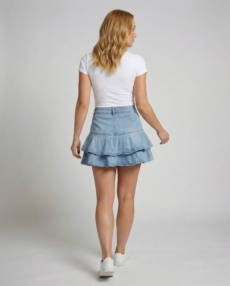 Damen Verspielte Doppelte Volantlage Denim Jeans-Minirock