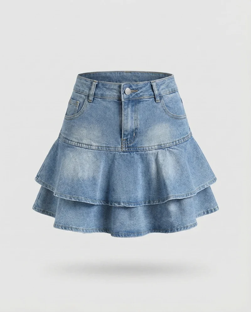 Damen Verspielte Doppelte Volantlage Denim Jeans-Minirock