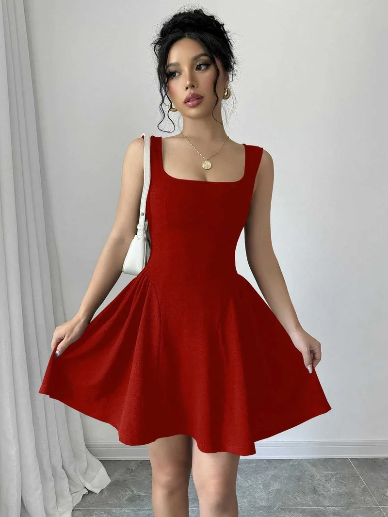 Damen A-Linien Kleid mit Quadrat-Ausschnitt und fließendem Rock