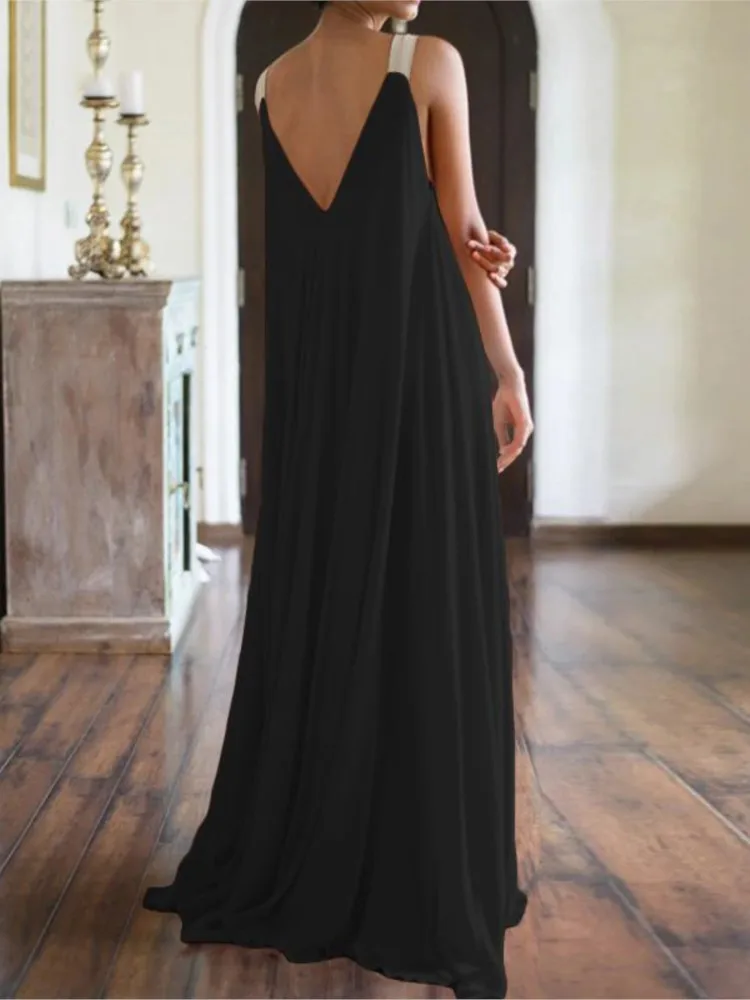 Chloë - Damen Maxikleid im Boho-Stil mit V-Ausschnitt, ärmellos, Sommer, einfarbig, lockere Passform