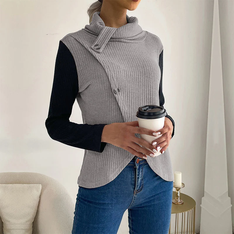 Damen Asymmetrisches Rippstrick-Top mit Knopfdetail und Stehkragen Nord Taschen
