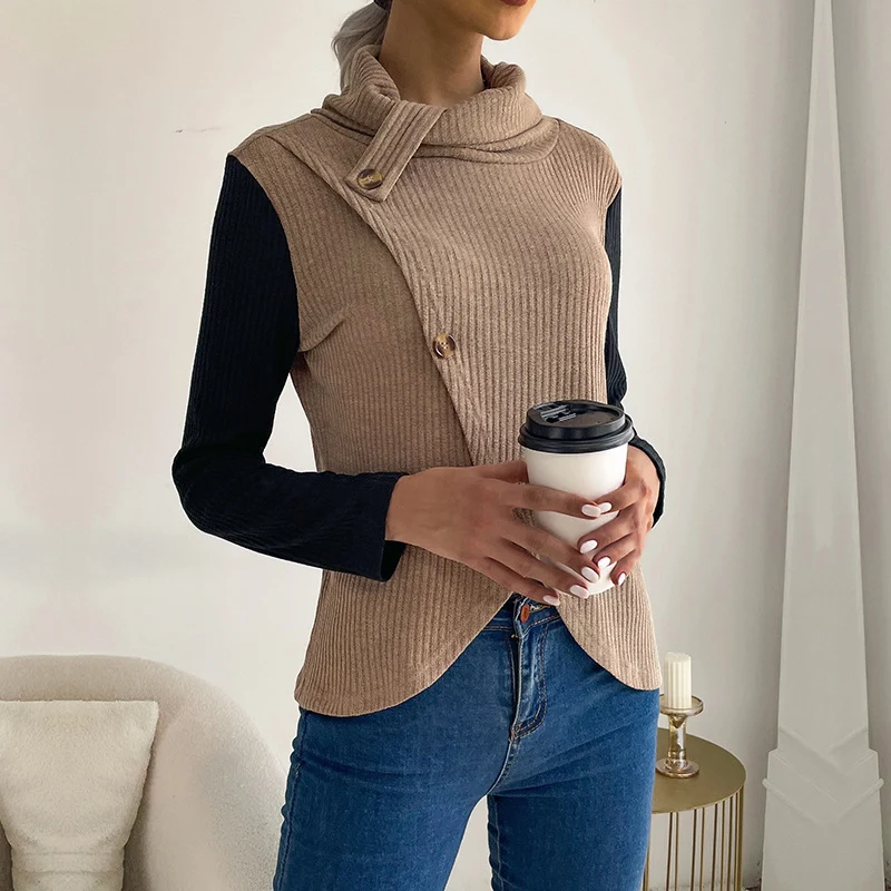 Damen Asymmetrisches Rippstrick-Top mit Knopfdetail und Stehkragen Nord Taschen