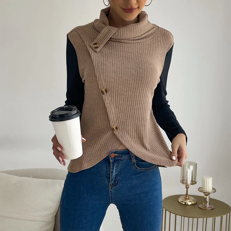 Damen Asymmetrisches Rippstrick-Top mit Knopfdetail und Stehkragen Nord Taschen