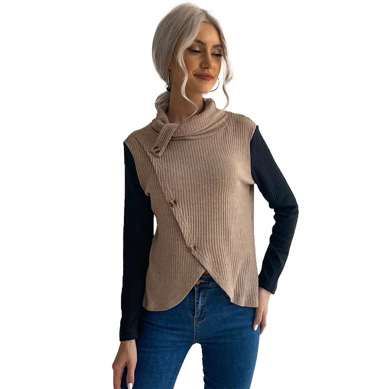 Damen Asymmetrisches Rippstrick-Top mit Knopfdetail und Stehkragen Nord Taschen
