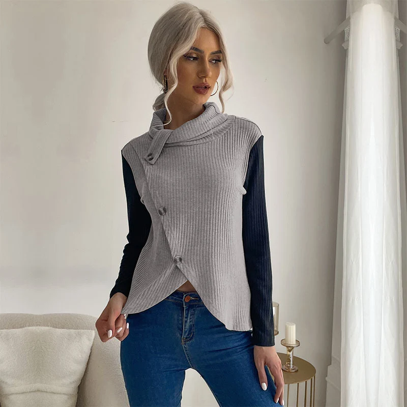Damen Asymmetrisches Rippstrick-Top mit Knopfdetail und Stehkragen Nord Taschen