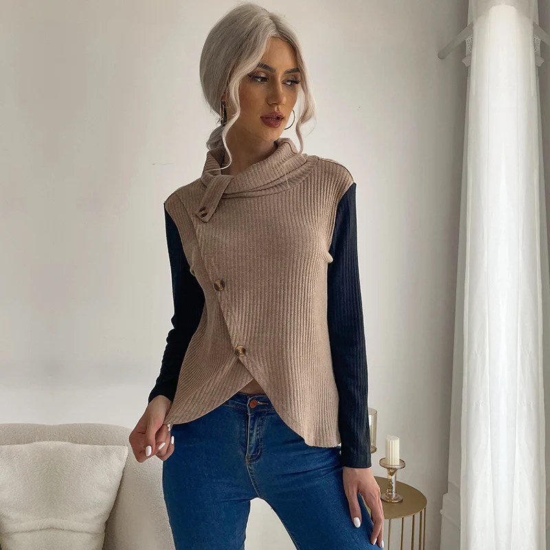 Damen Asymmetrisches Rippstrick-Top mit Knopfdetail und Stehkragen Nord Taschen