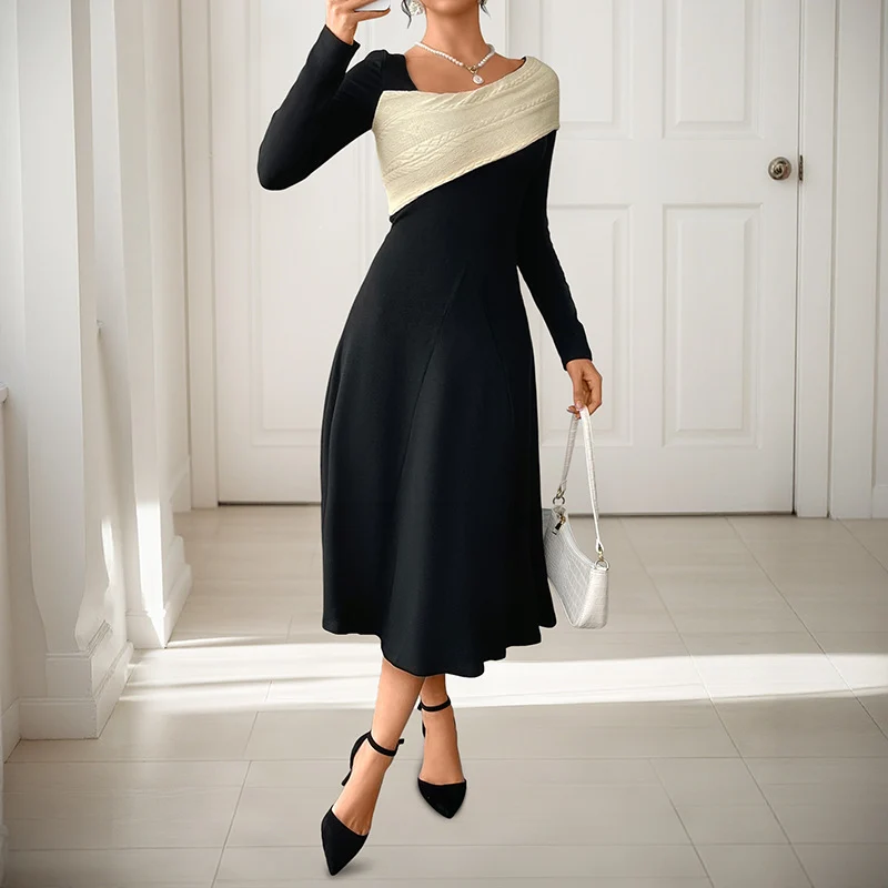 Damen Asymmetrisches Midikleid mit kontrastierter Strickschulter und taillierter Silhouette Nord Taschen