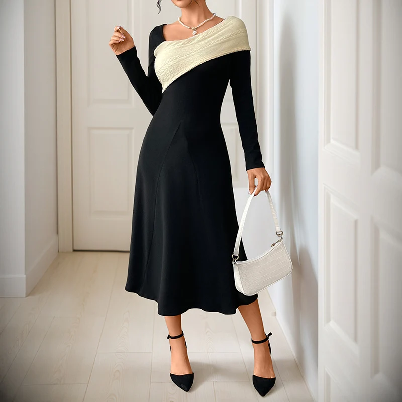 Damen Asymmetrisches Midikleid mit kontrastierter Strickschulter und taillierter Silhouette Nord Taschen