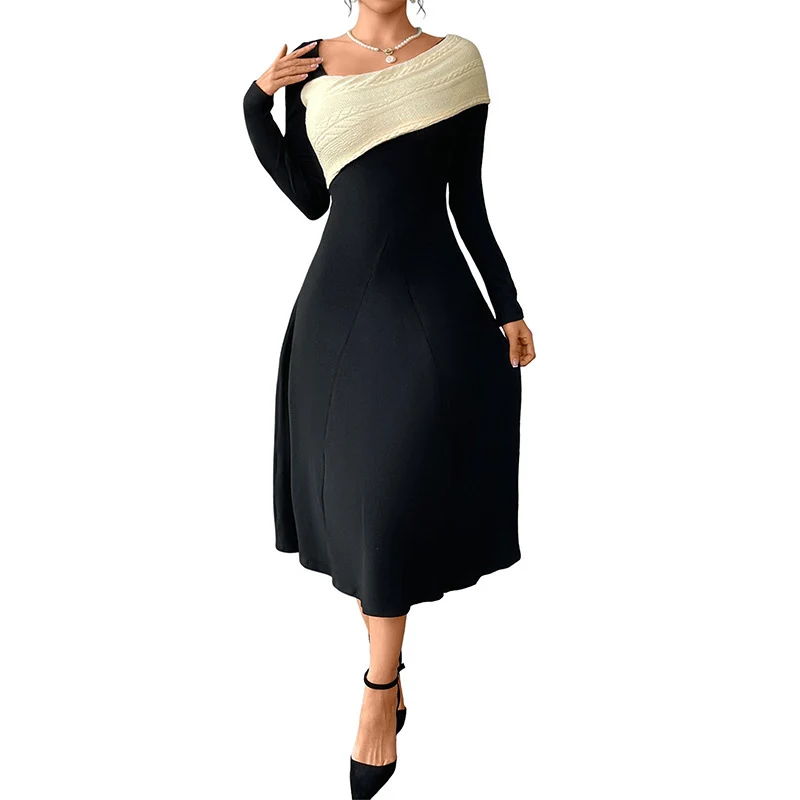 Damen Asymmetrisches Midikleid mit kontrastierter Strickschulter und taillierter Silhouette Nord Taschen