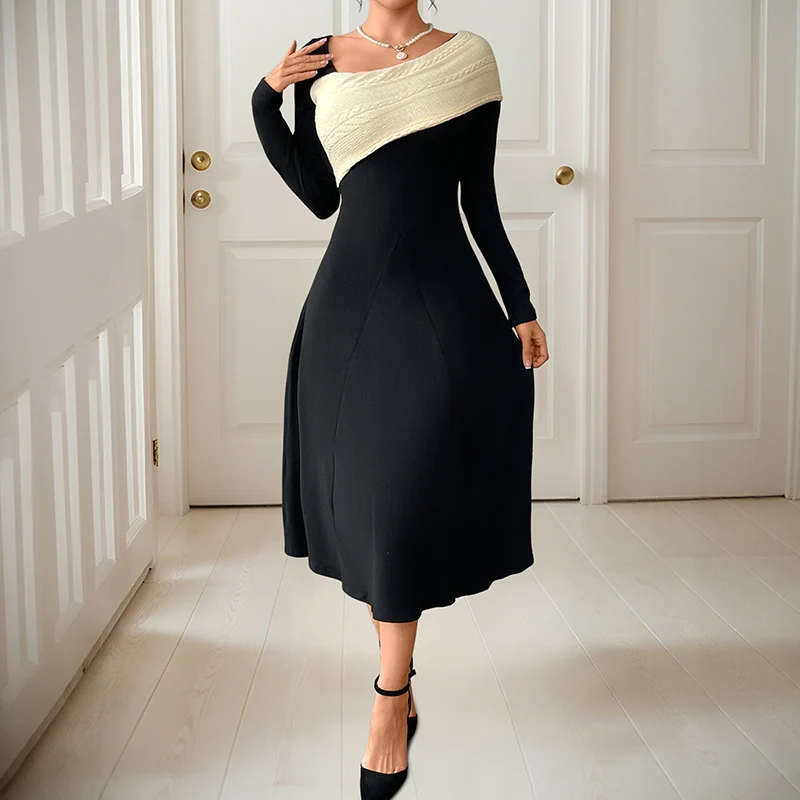 Damen Asymmetrisches Midikleid mit kontrastierter Strickschulter und taillierter Silhouette Nord Taschen
