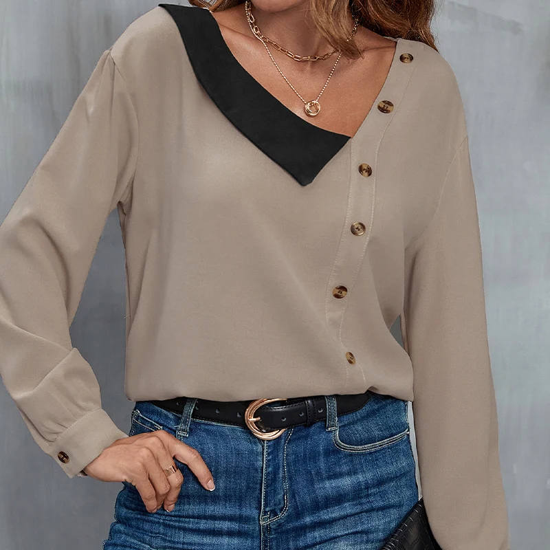 Damen Asymmetrische Chiffon-Bluse mit Kontrast-Eckkragen und seitlicher Knopfleiste Nord Taschen