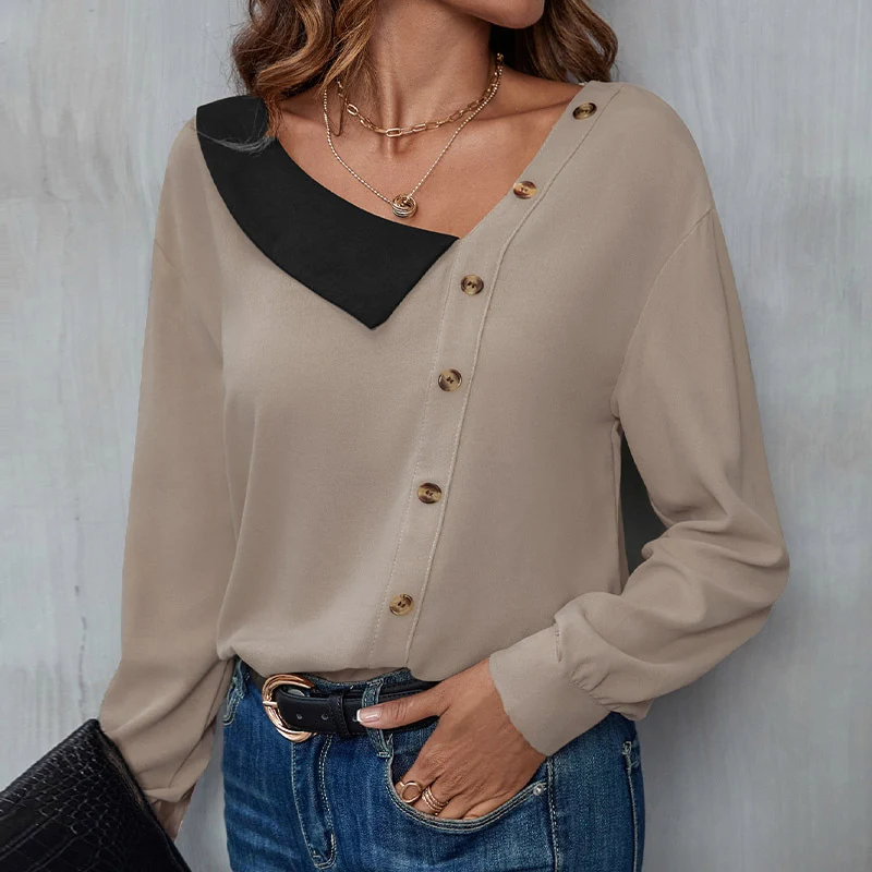 Damen Asymmetrische Chiffon-Bluse mit Kontrast-Eckkragen und seitlicher Knopfleiste Nord Taschen