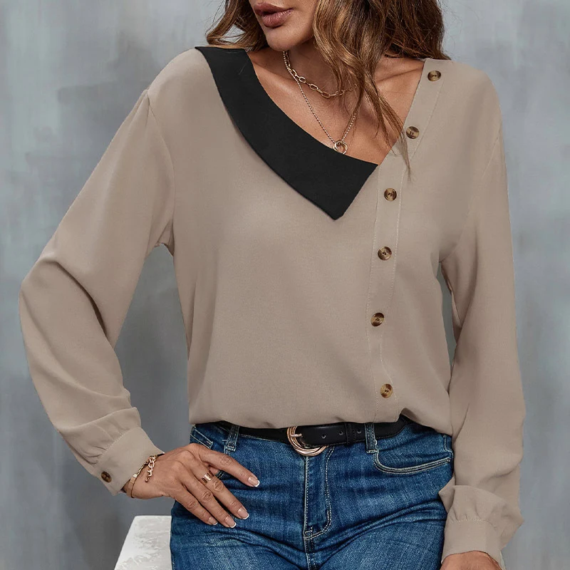 Damen Asymmetrische Chiffon-Bluse mit Kontrast-Eckkragen und seitlicher Knopfleiste Nord Taschen