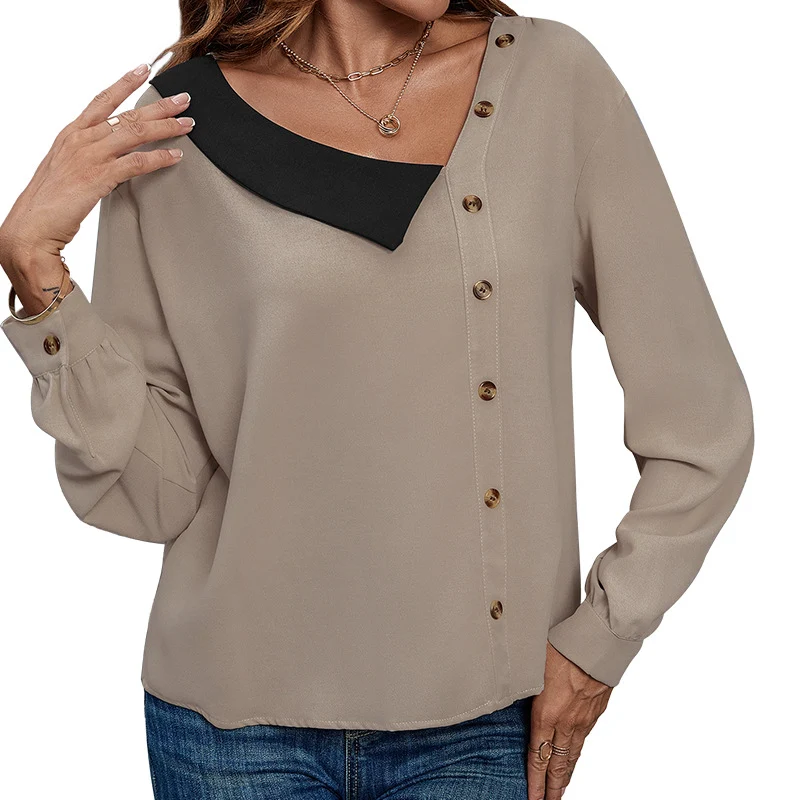 Damen Asymmetrische Chiffon-Bluse mit Kontrast-Eckkragen und seitlicher Knopfleiste Nord Taschen