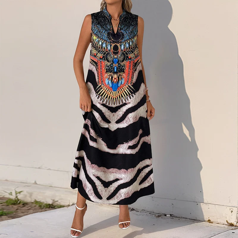 Damen Ärmelloses Maxikleid mit Statement-Halsdruck, Ethno‑Motiv und ausgestellter A‑Linien‑Silhouette Nord Taschen
