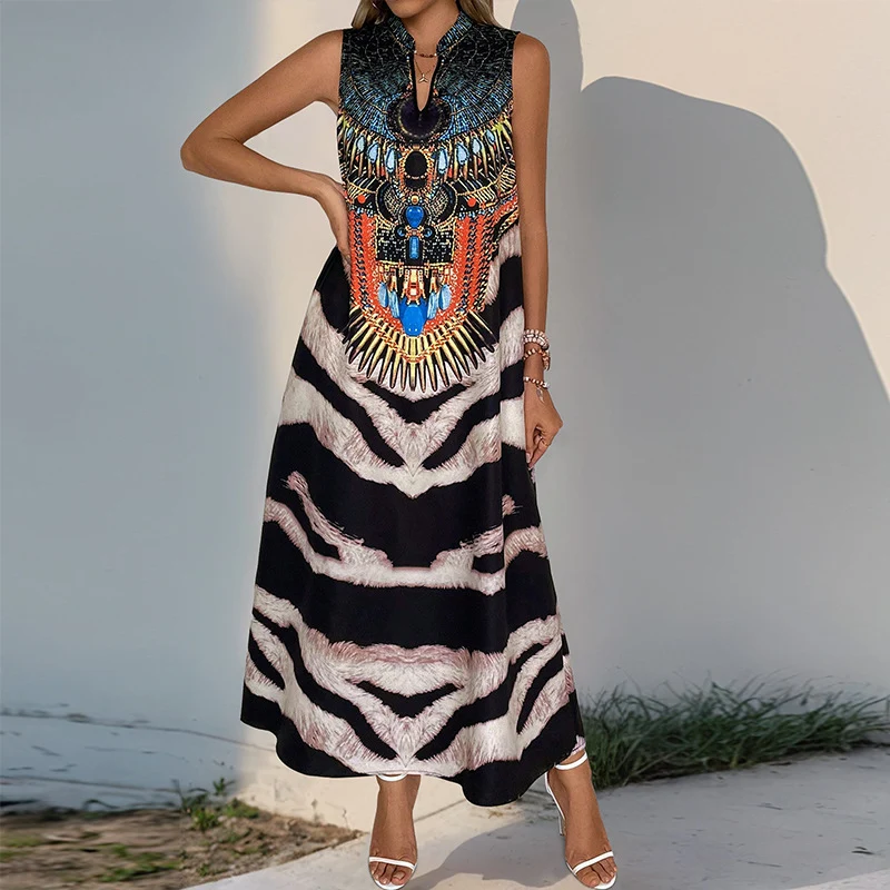 Damen Ärmelloses Maxikleid mit Statement-Halsdruck, Ethno‑Motiv und ausgestellter A‑Linien‑Silhouette Nord Taschen