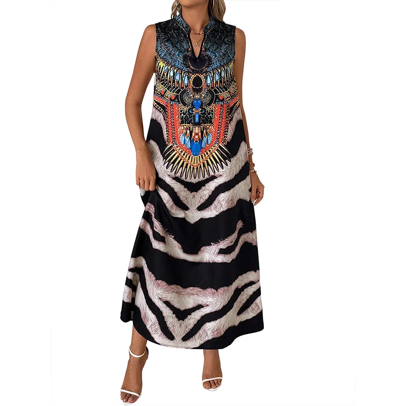Damen Ärmelloses Maxikleid mit Statement-Halsdruck, Ethno‑Motiv und ausgestellter A‑Linien‑Silhouette Nord Taschen