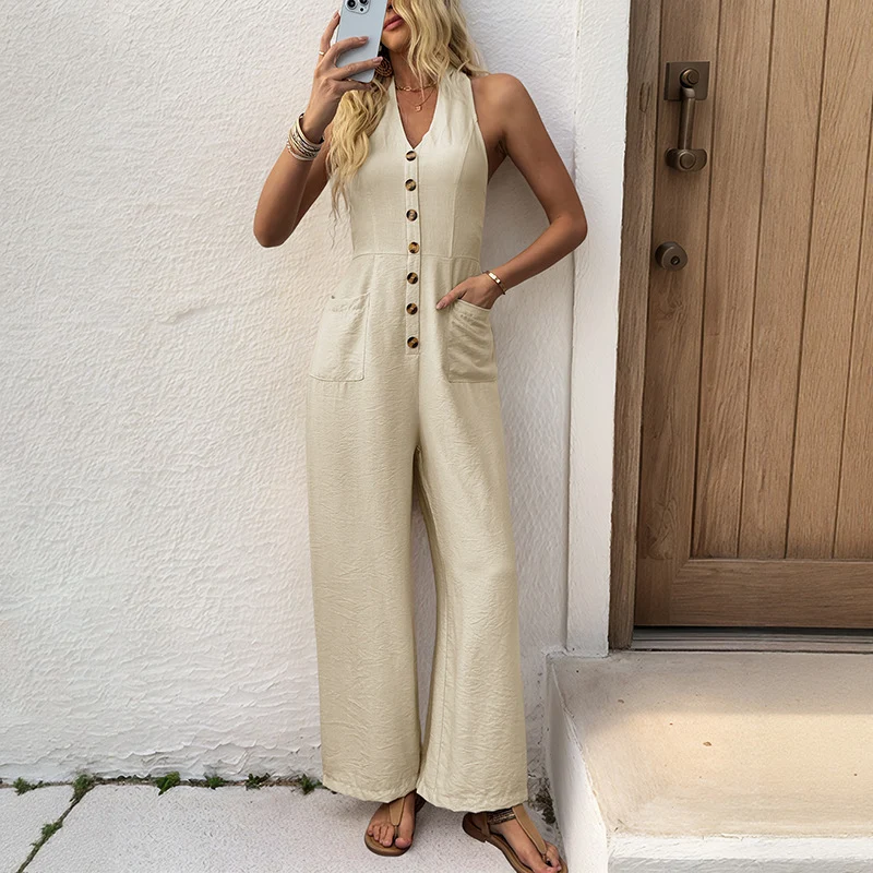 Damen Ärmelloser Leinenoptik Jumpsuit mit V-Ausschnitt, Knopfleiste und weitem Bein Nord Taschen