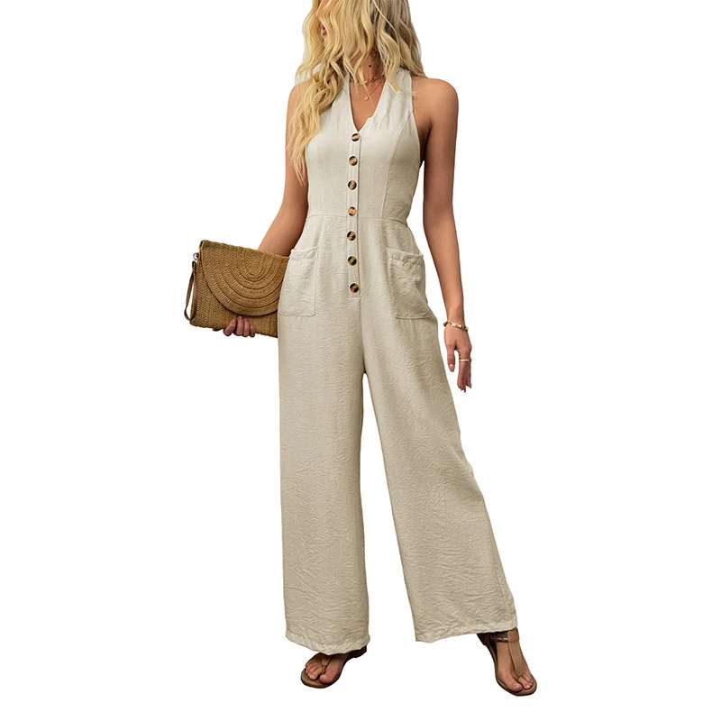 Damen Ärmelloser Leinenoptik Jumpsuit mit V-Ausschnitt, Knopfleiste und weitem Bein Nord Taschen