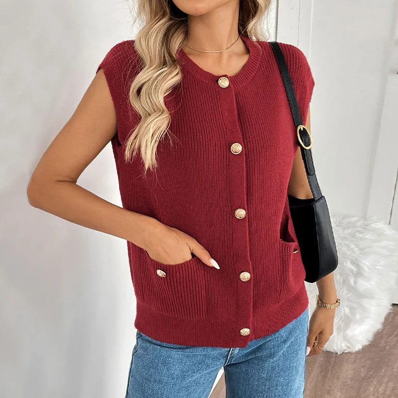 Damen Ärmellose Strickweste mit Zierknopfleiste, aufgesetzten Taschen & gerippter Struktur Nord Taschen