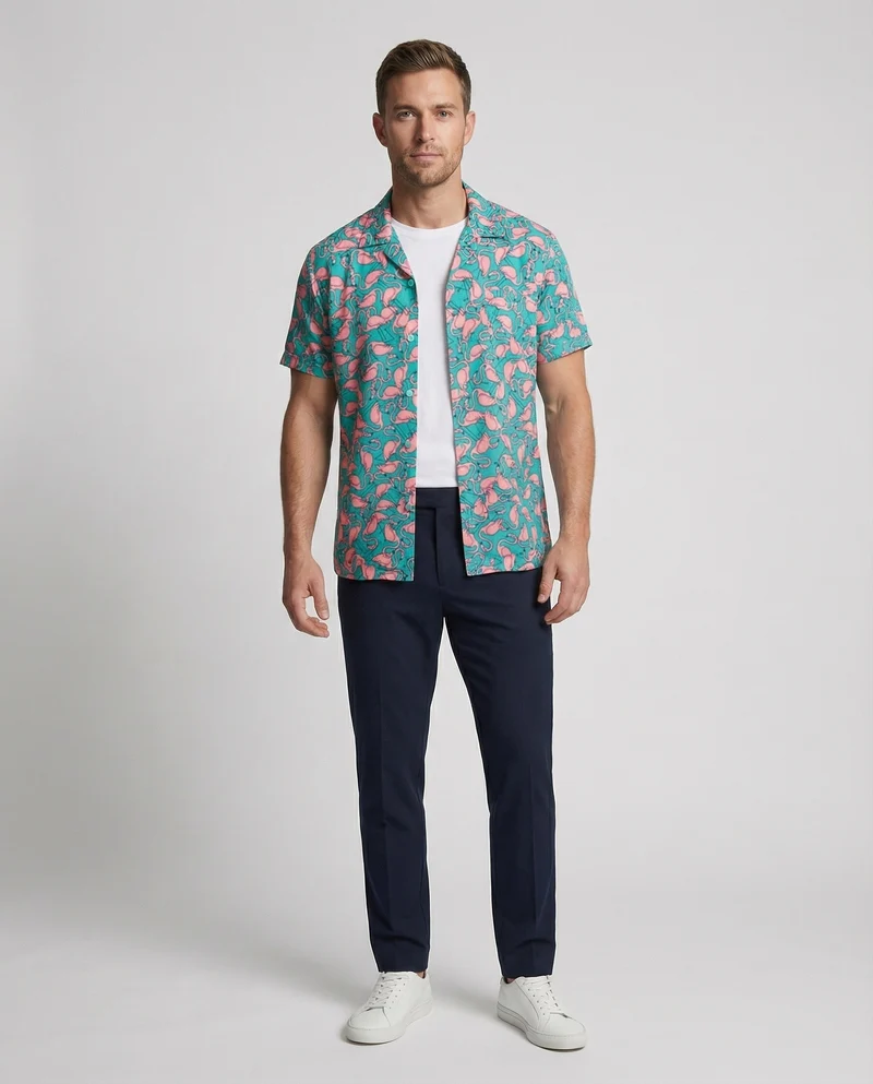 Herren luftig-leichtes Viskose-Resorthemd mit Flamingo-Allover-Print, Reverskragen und legerer Passform Nord Taschen