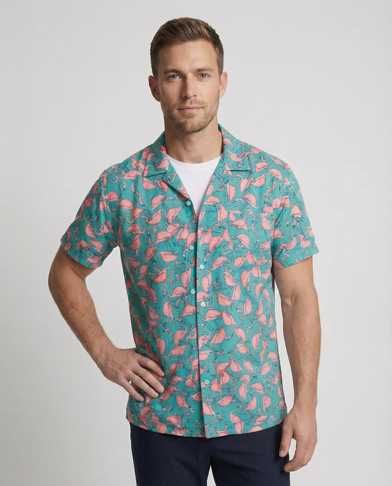 Herren luftig-leichtes Viskose-Resorthemd mit Flamingo-Allover-Print, Reverskragen und legerer Passform Nord Taschen
