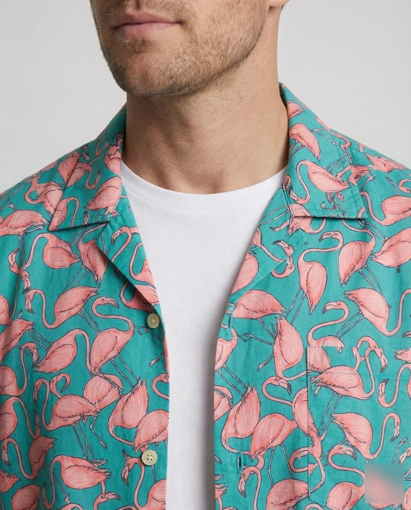 Herren luftig-leichtes Viskose-Resorthemd mit Flamingo-Allover-Print, Reverskragen und legerer Passform Nord Taschen